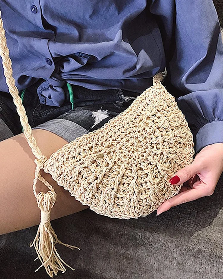 Woven beach bag with one shoulder across the body