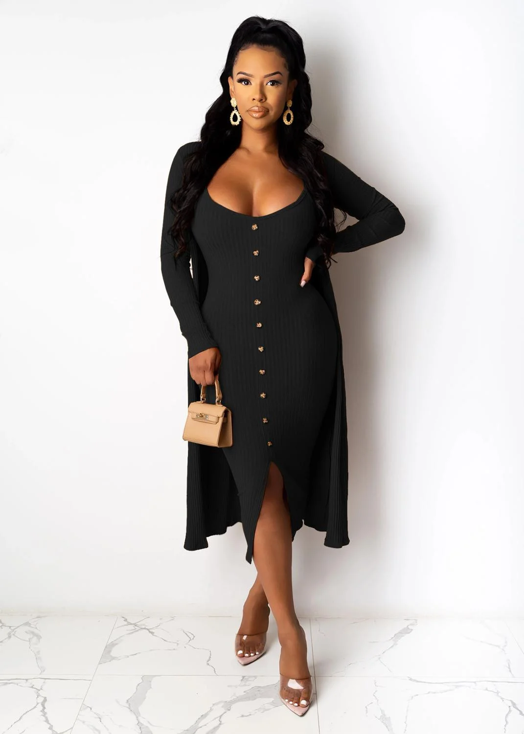 Women Knitted Vintage Long Sleeve Clock Tops Bodycon Midi Sleeveless Dress Suits 2 Two Piece Set Fitness Outfits Pants Sets