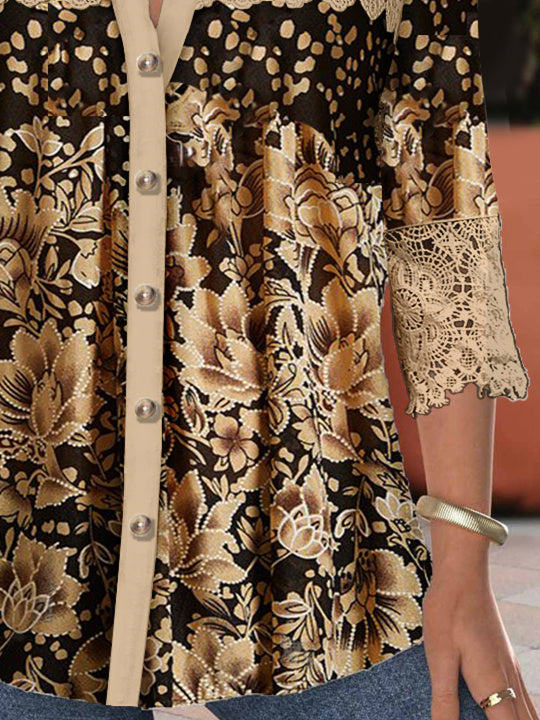 Women's 3/4 Sleeve V-neck Lace Graphic Hollow Stitching Top