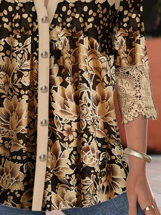 Women's 3/4 Sleeve V-neck Lace Graphic Hollow Stitching Top