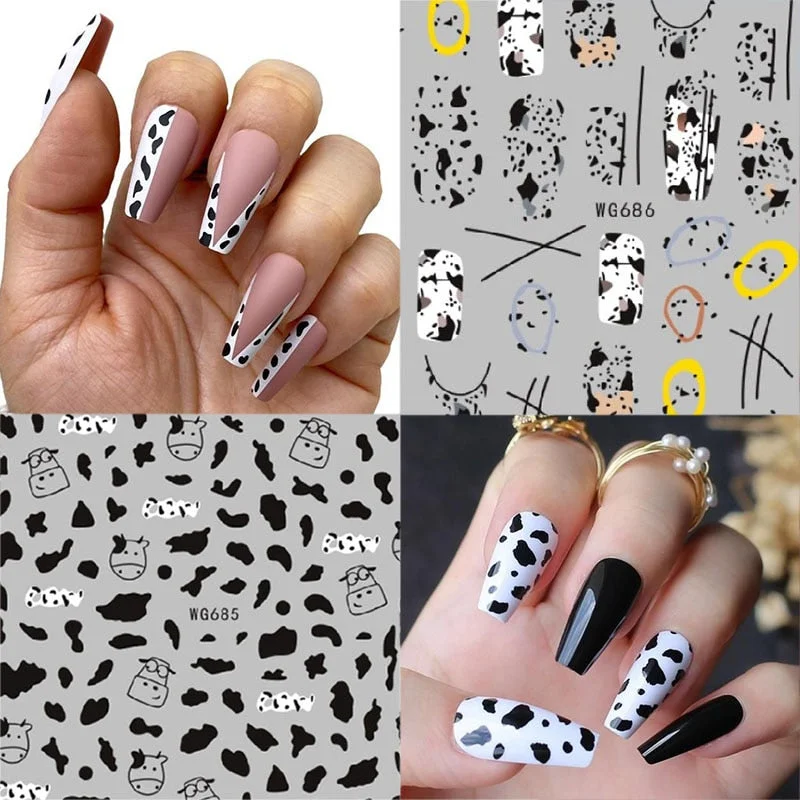 Black White Milk Cow 3D Nail Stickers Butterfly Leopard Adhesive Nail Transfer Decals Sliders Wraps DIY Nail Art Decorations