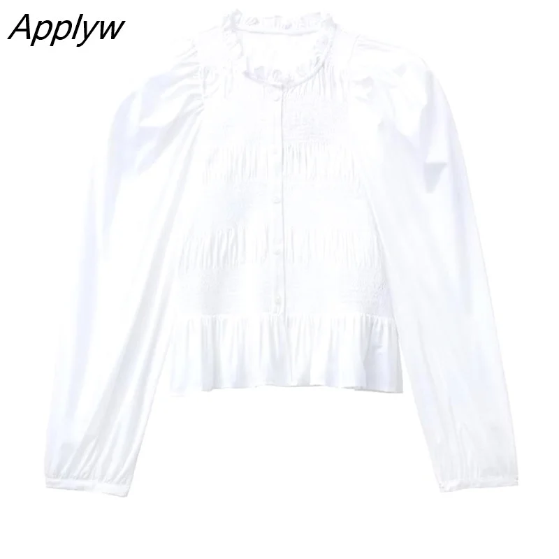 Applyw 2023 Women Solid Blouses Shirt Spring Fashion Female Long Sleeve Elastic Tops Ruffles Collar Single Breasted T-Shirts