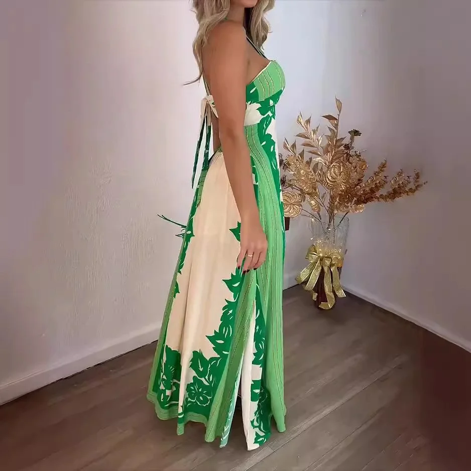 Uveng Uveng Summer New Hanging Neck Sexy Coloring Fashion Beach Long Print Dress Women's Clothing