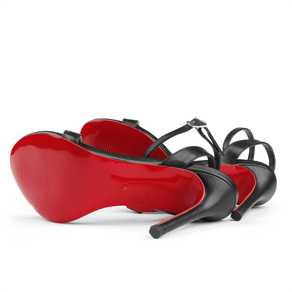 100mm Women's Sandals Round Open Toe Red Bottom Ankle Straps Matte Pumps-MERUMOTE