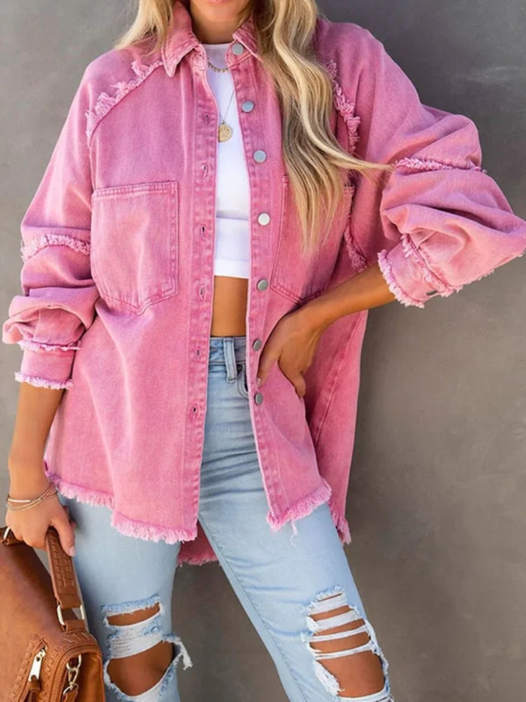 Solid Fringed Single Breasted Washed Denim Jacket