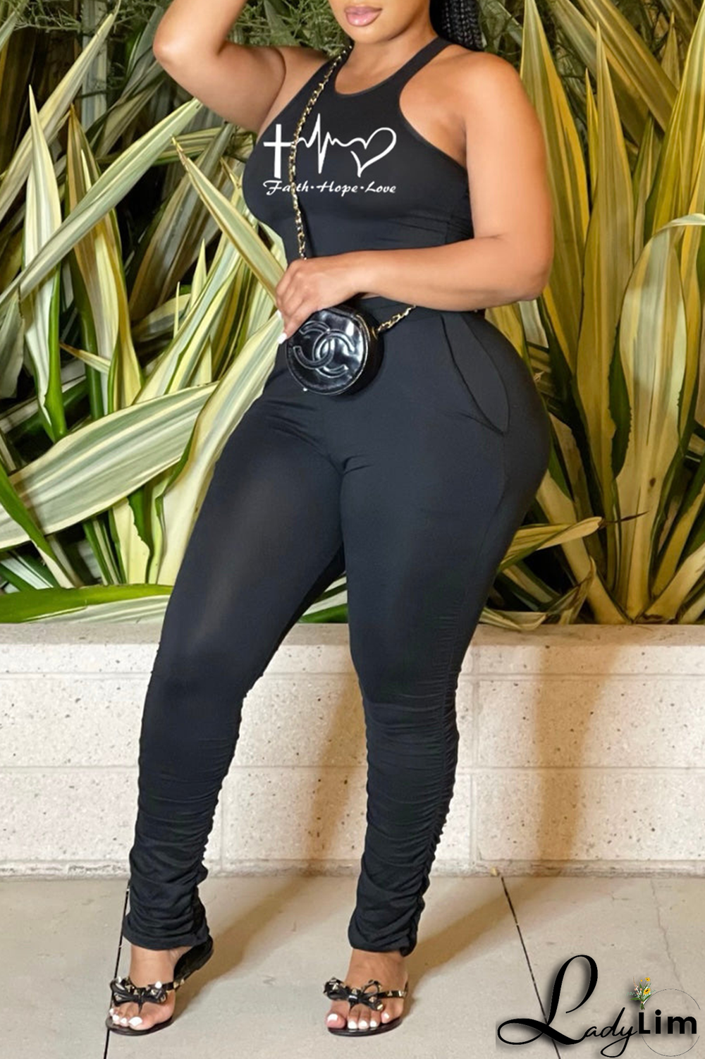 Blue Fashion Print Fold U Neck Sleeveless Two Pieces