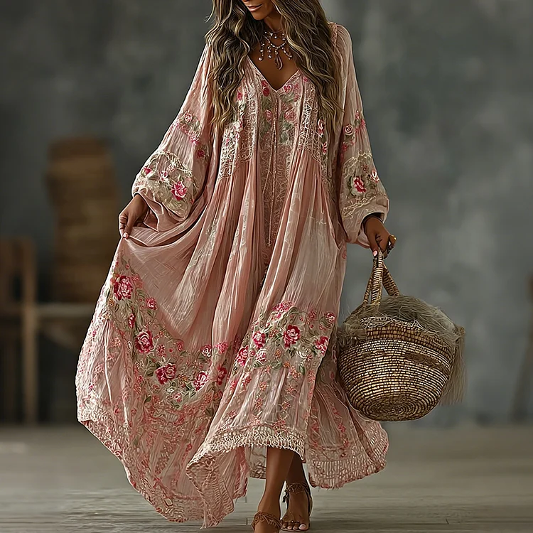 Women's Vintage Floral Art Flowy Linen Blend Casual V Neck Long Sleeve Maxi Dress