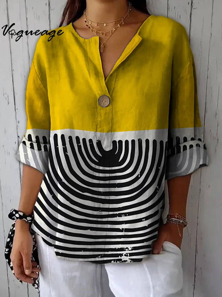 Fashionable Simple And Interesting Color Splicing Printed Cotton And Linen Shirt