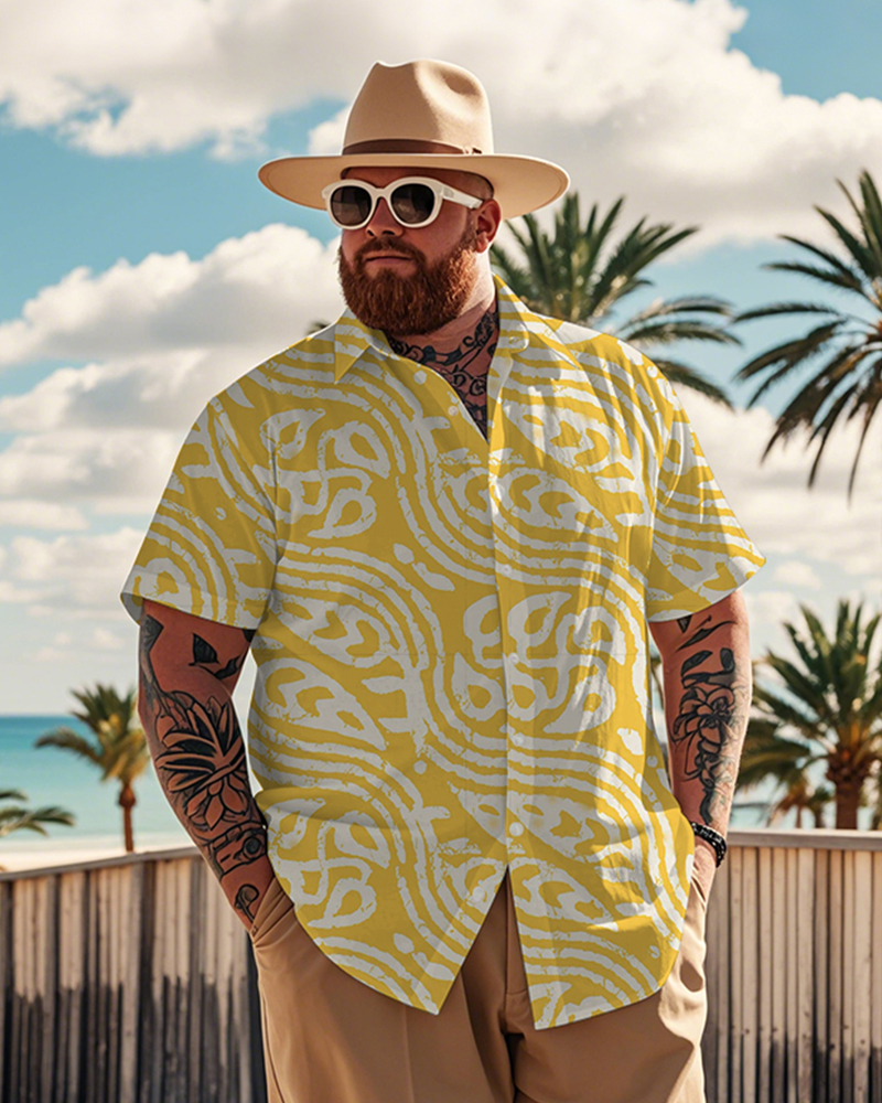 Men's Plus Size Hawaiian Yellow Tribal Wave Art Print Short Sleeve Shirt