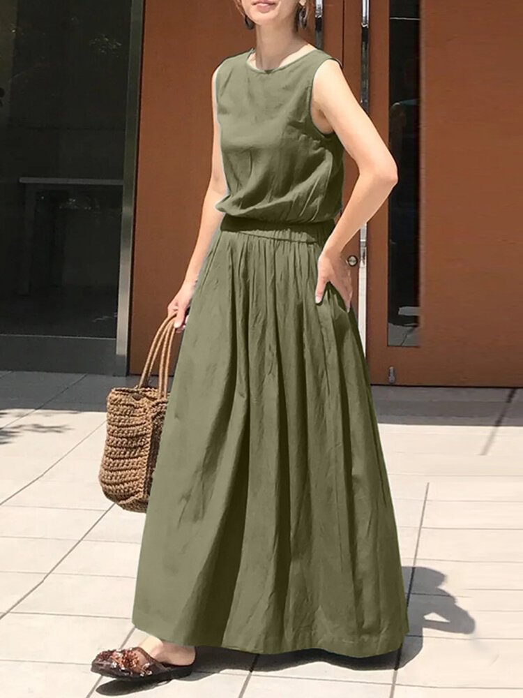 Leisure Solid Elastic Waist Pocket Sleeveless Maxi Dress - Shop Trendy Women's Fashion | TeeYours