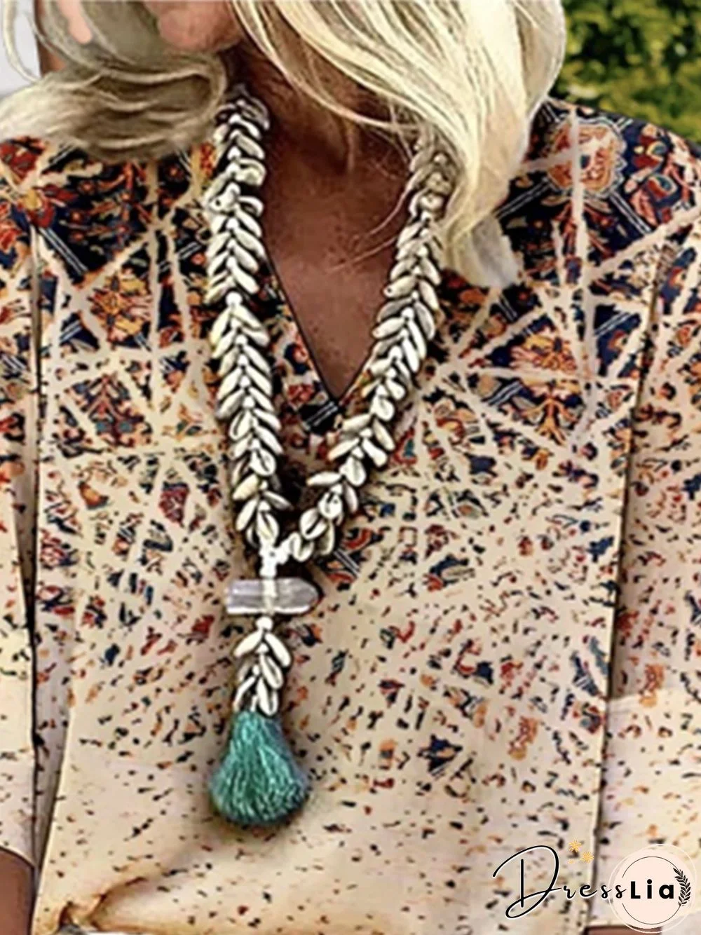 Ethnic 3/4 Sleeve V Neck Plus Size Casual Tops