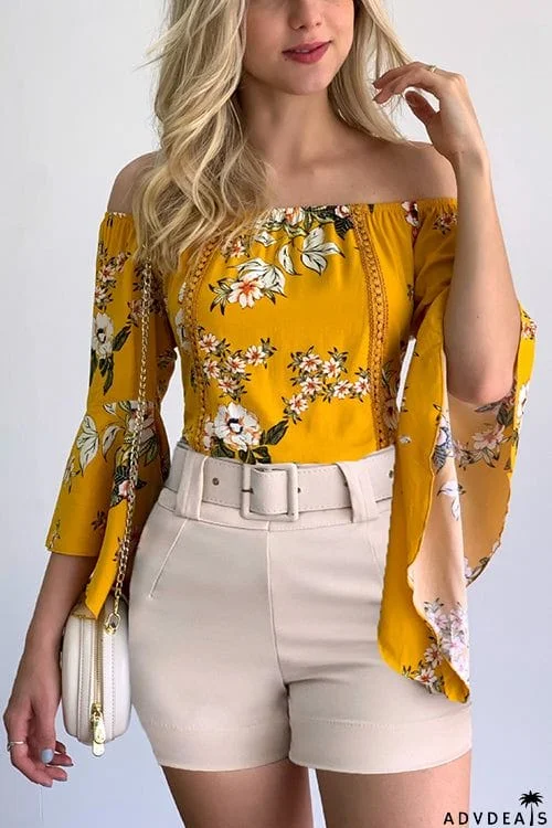 Print Off Shoulder Bell Sleeve Blouse