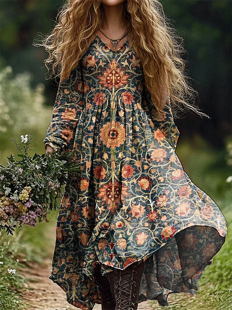 Women's Vintage Folk Floral Print V Neck Pocket Cotton Dress