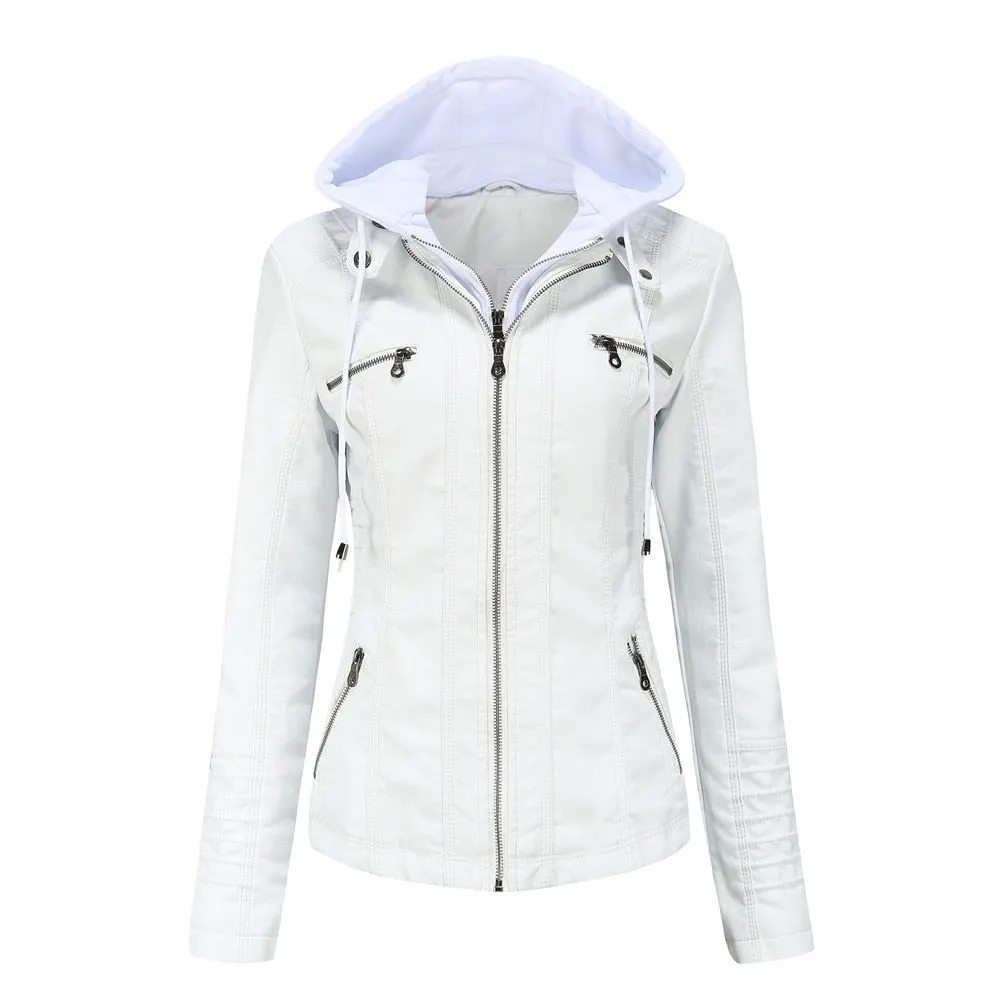 Autumn Winter Pu Faux Leather Jacket Black Women Street Moto Biker Leather Coat Hooded Jacket Lady Oversize Casual Outerwear