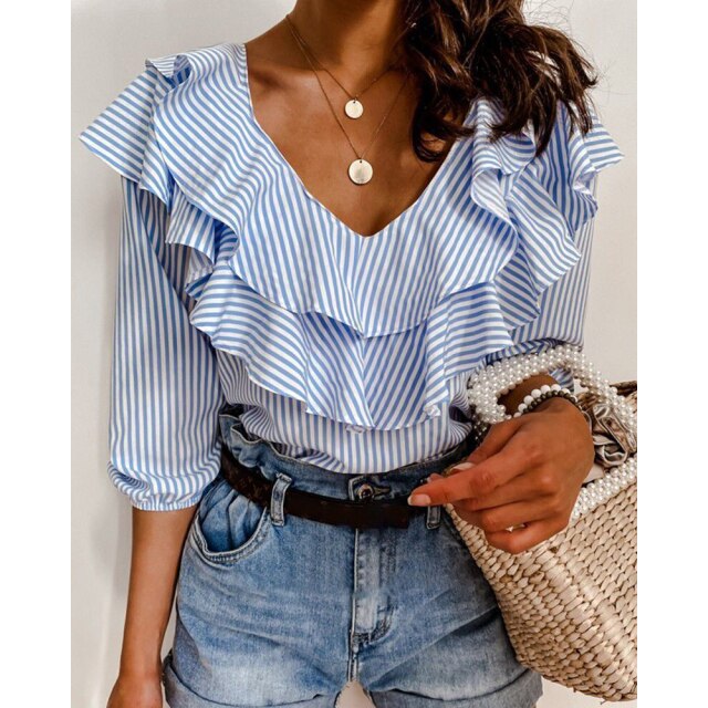 LANFUBEISI Wholesale Fashion Women's Blouse Striped Plaid Strapless Ruffle Neck Half Sleeve Summer Elegant Lady Shirts Loose Casual Tops LANFUBEISI