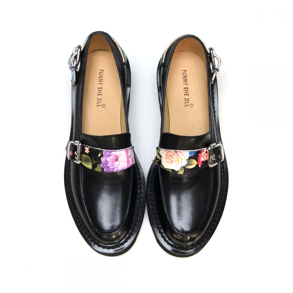 Comfortable Round Toe Loafers Floral Print Shoes With Platform