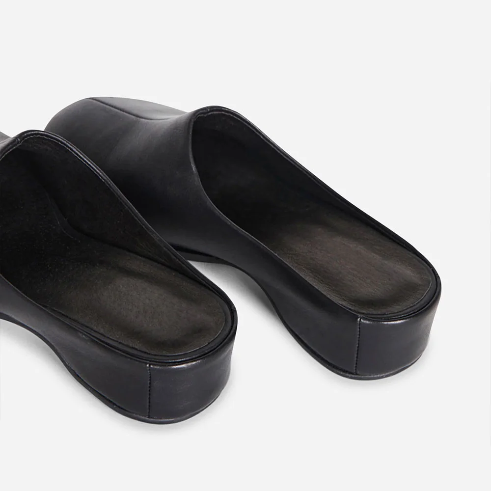 Black Faux Leather Round Flat Casual Slip On Women's Mules Shoes