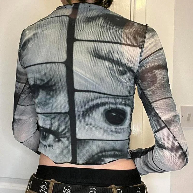 Uveng Uveng Autumn New T-Shirt Ins Personality Street Eye Print Slim Mesh