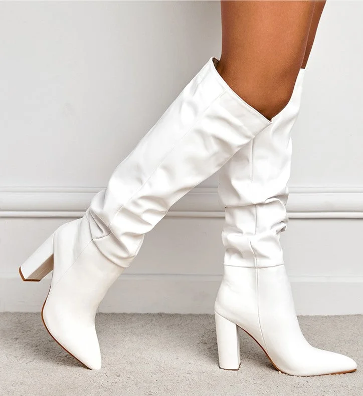Lourdasprec   Fashion White Black Women Knee High Boots Sexy Pointed Toe Square Heels Ladies Long Slip On Female Shoes size 35-42