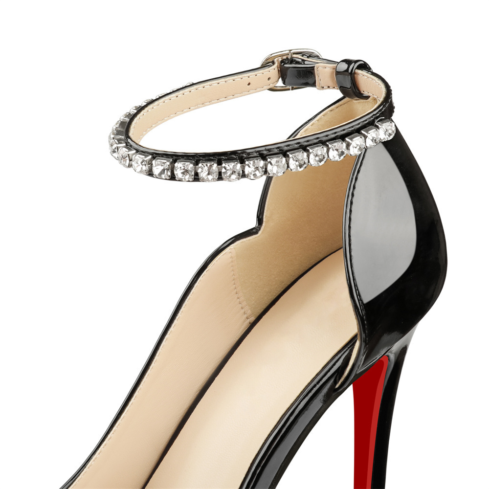 120mm Red Bottom Elastic Strap Slingback Sandals Peep Toe Platform Stilettos Black Patent Heels-MERUMOTE