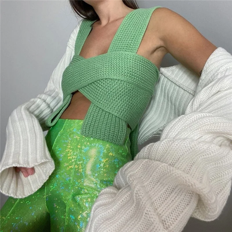 Toloer Fashion 2020 Winter Bandage Sexy Knitted Green Women Sweater Vest Off Shoulder Pullover Cropped Sweater Tops Jersey Mujer