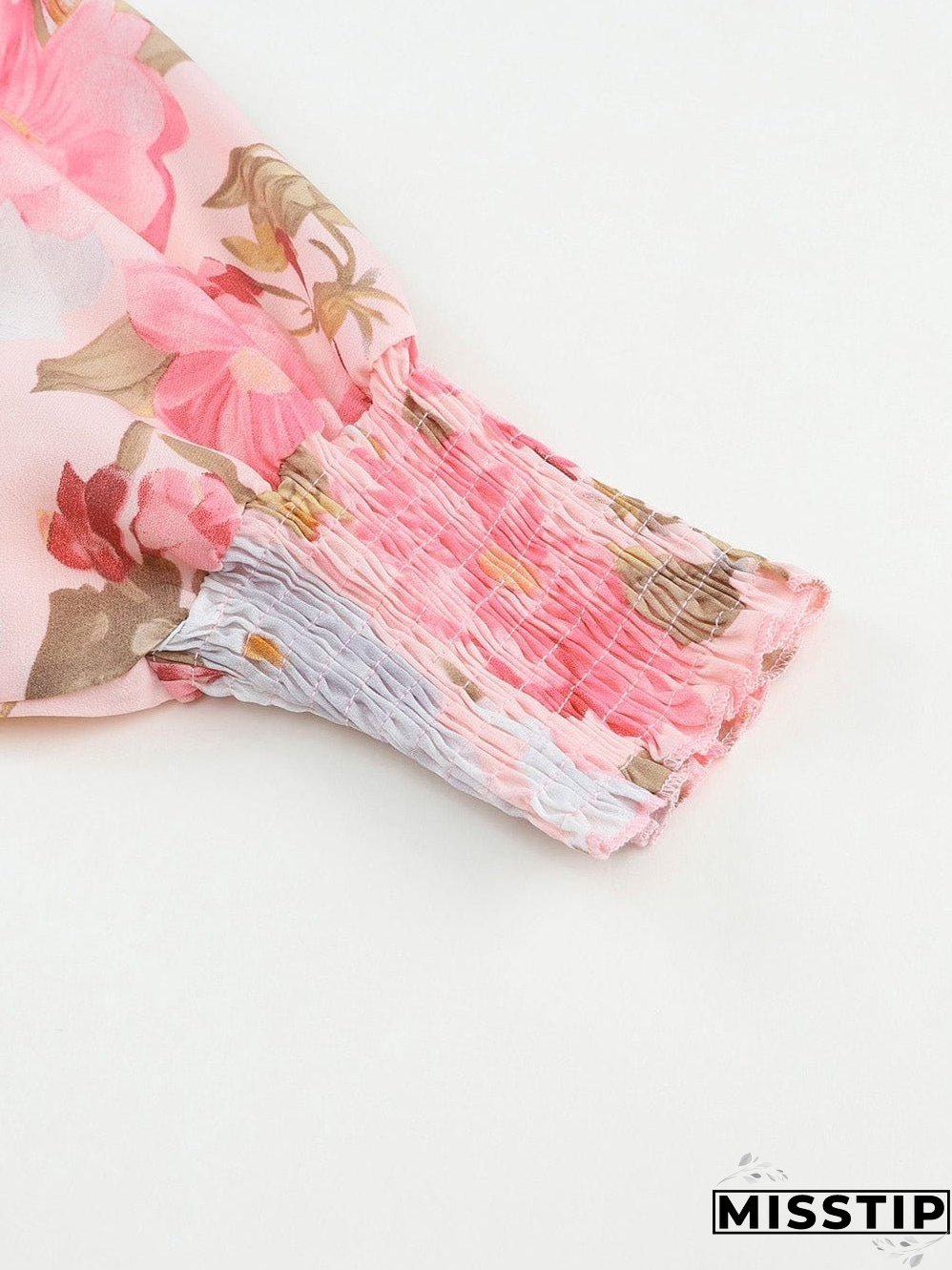 Pink Floral Loose Fit Blouse with Shirred Cuffs
