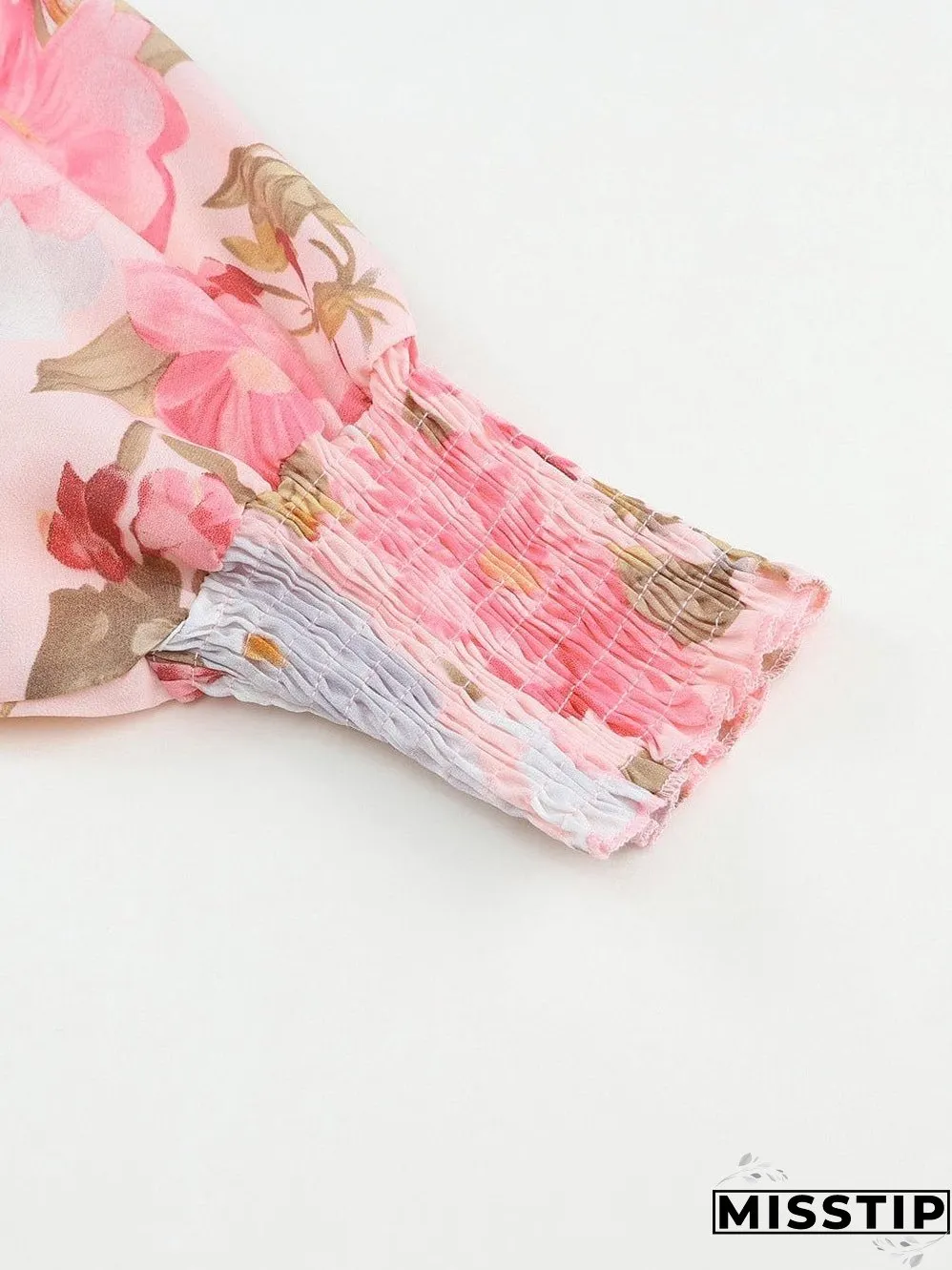 Pink Floral Loose Fit Blouse with Shirred Cuffs
