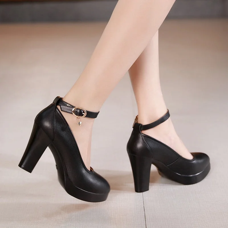 Genuine Leather shoes Women Round Toe Pumps Sapato feminino High Heels Shallow Fashion Black Work Shoe Plus Size 33-43