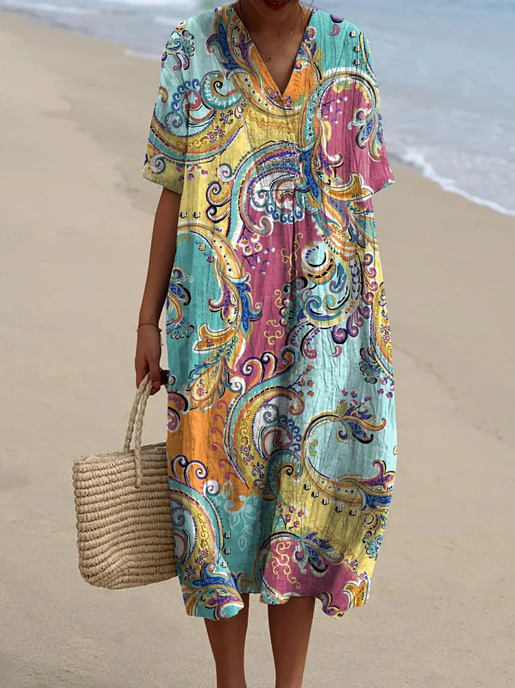 Women's Vintage Floral Art Print Casual Flowy Dress