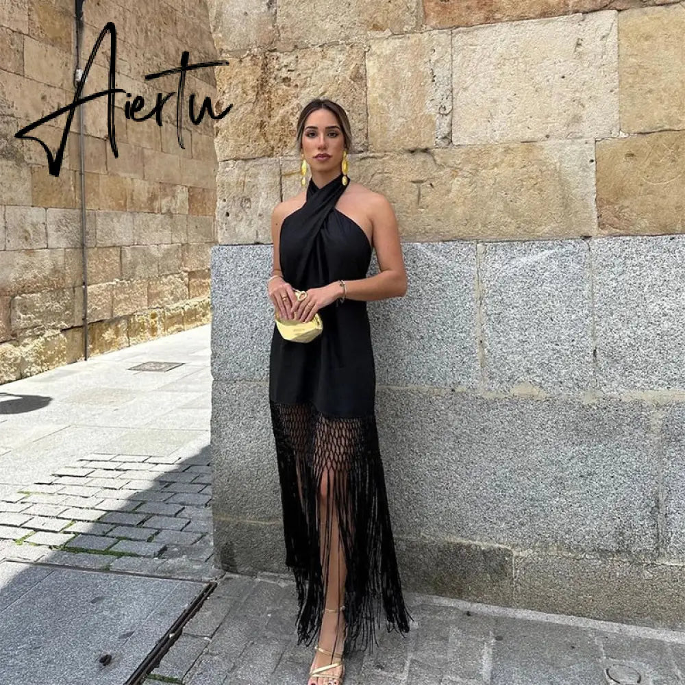 Elegant Cross Hanging Neck Women's Dress Fashion Sleeveless Backless Tassel Long Dresses Summer Female Party Club Vestidos Aiertu