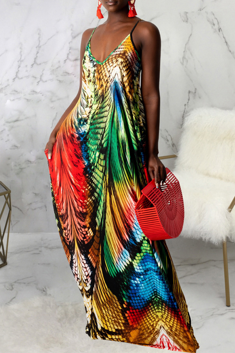 Multicolor Sexy Print Patchwork Spaghetti Strap Straight Dresses | EGEMISS