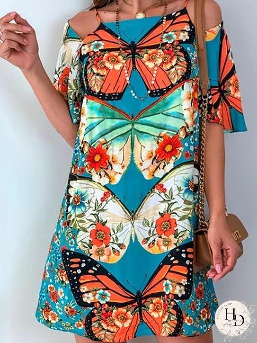Butterfly Print Cutout Short Sleeve Dress for Women