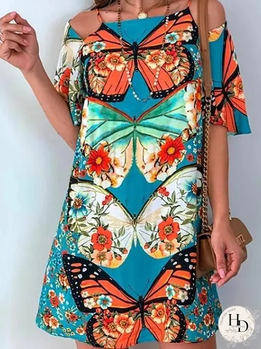 Butterfly Print Cutout Short Sleeve Dress for Women