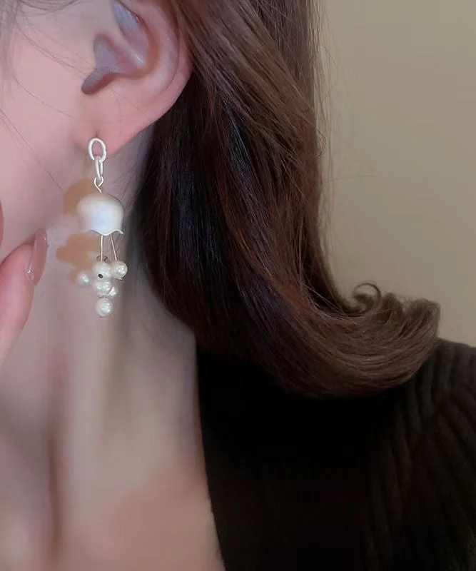 Elegant White Sterling Silver Pearl Lily Of The Valley Tassel Drop Earrings