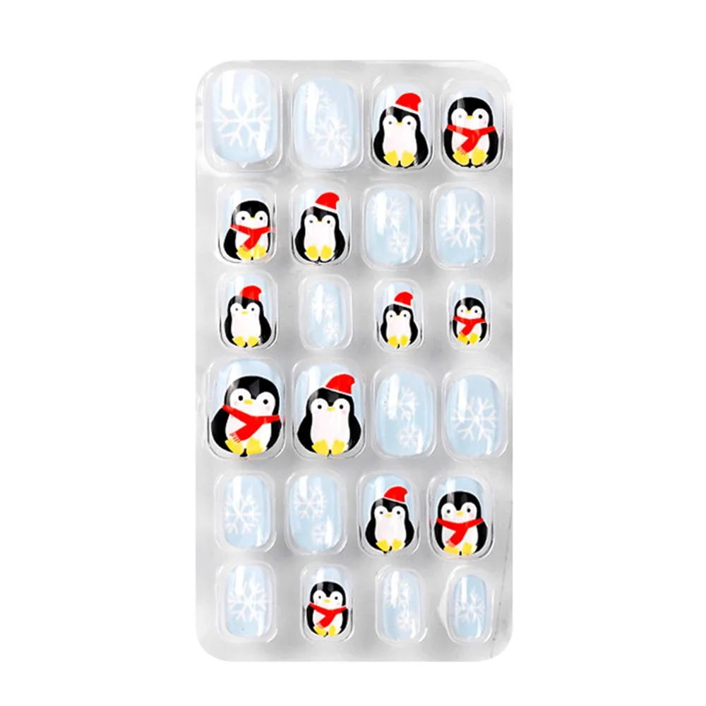 24Pcs/box Kids False Nails Press On Nail Cartoon Full Cover Fake Nails Snowflake Design Manicure Tips Nail Art for Children