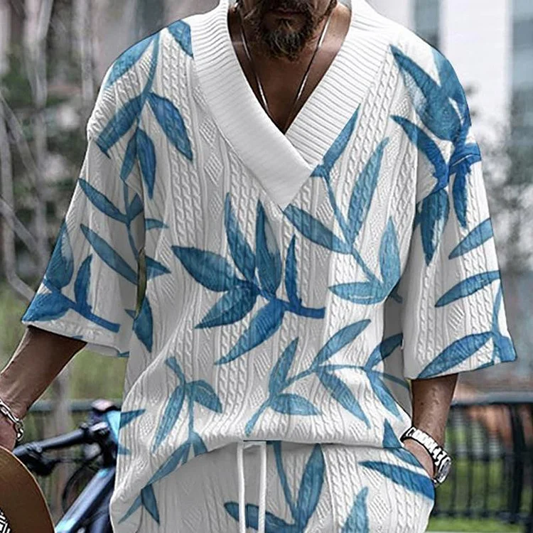 Men's Jacquard V-neck Printed Loose Hawaiian T-shirt 90031269X