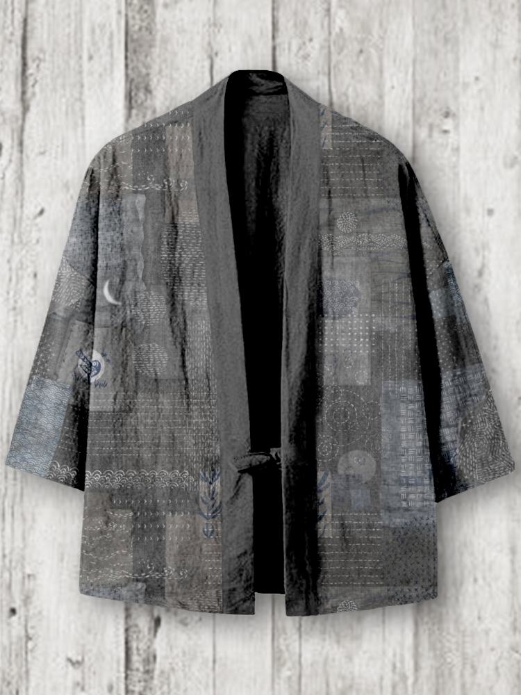 menweary Vintage Japanese Sashiko Patterns Linen Blend Kimono Cardigan