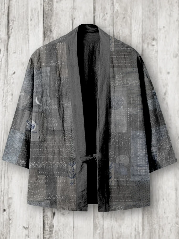 Vintage Japanese Sashiko Patterns Linen Blend Kimono Cardigan