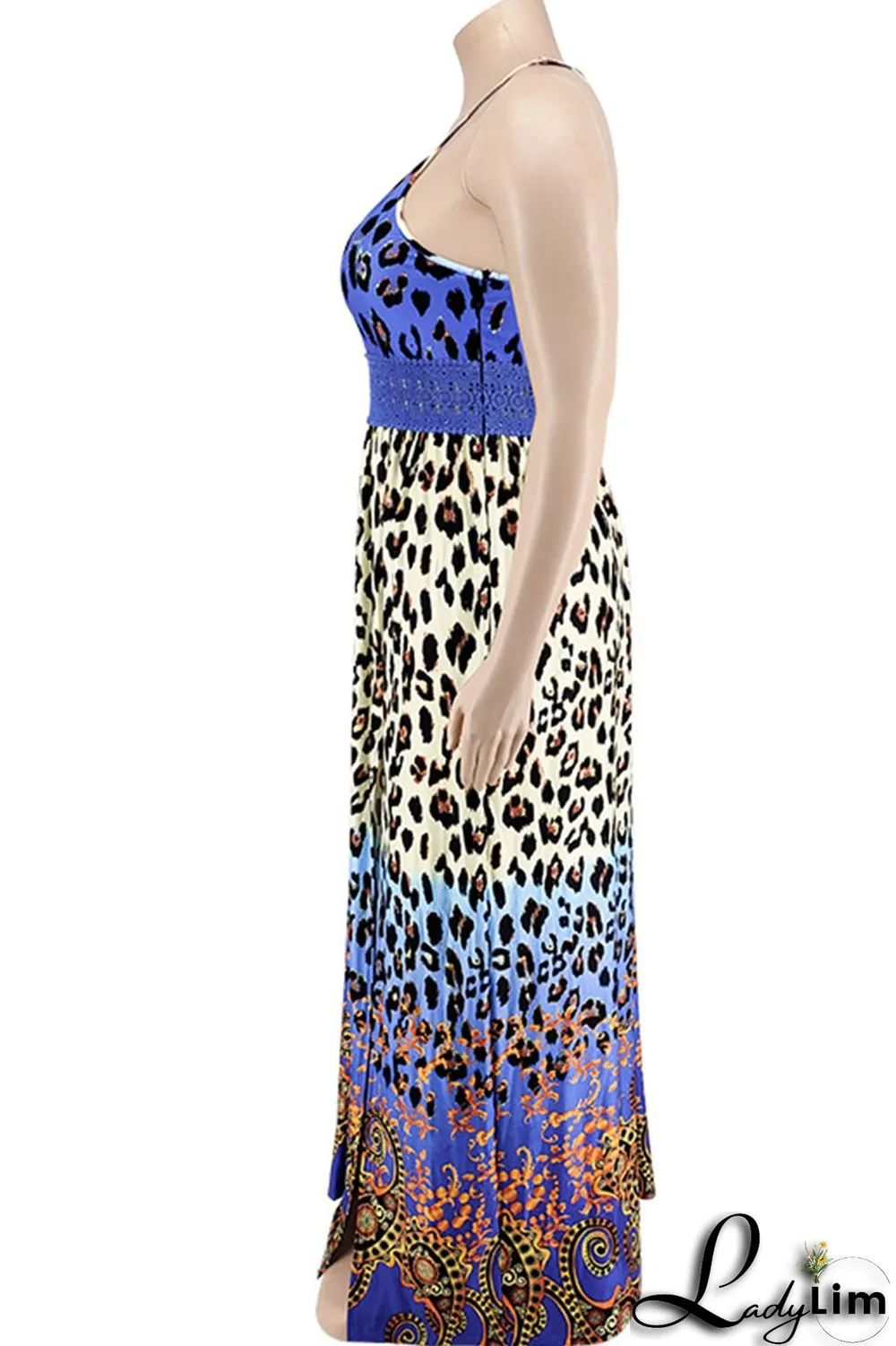 Blue Sexy Print Patchwork Slit Fold Spaghetti Strap Straight Dresses