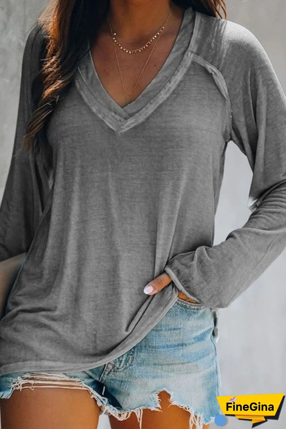 KarliDress Deep V-Neck Solid Splicing Long-Sleeve T-Shirt P12497