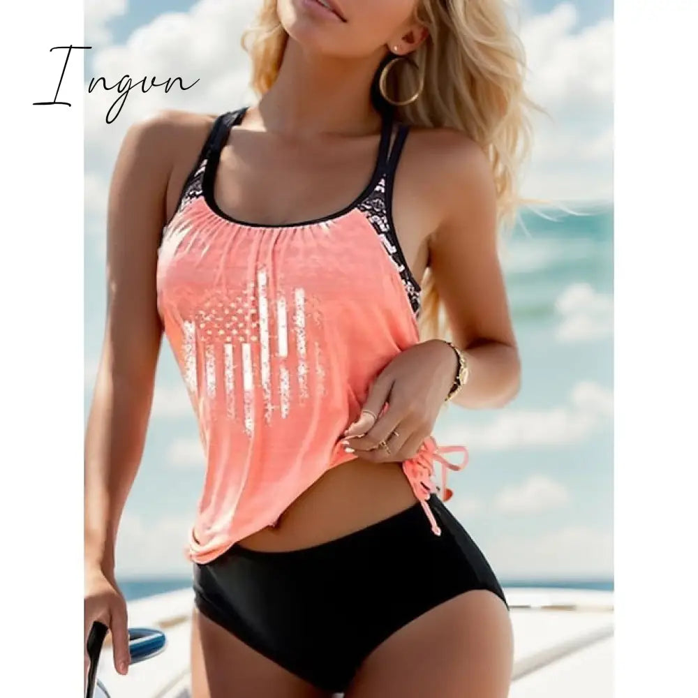 Ingvn - Women’s Swimwear Tankini 2 Piece Normal Swimsuit Modest High Waisted Striped Stars Black