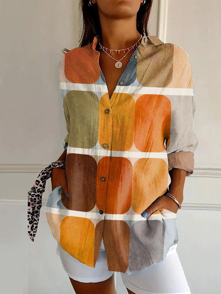 Retro Color Block Minimalist Art Long Sleeve Shirt