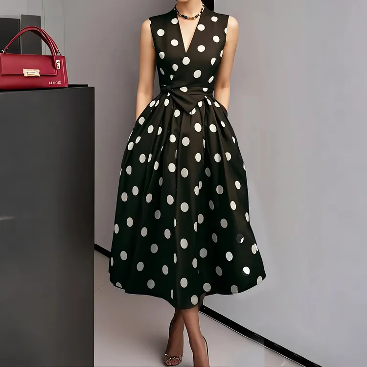 Retro French Lace-up Polka-dot Midi Dress