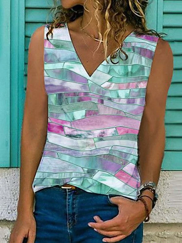 Geometric  Sleeveless  Printed Cotton-blend V neck Vintage Summer Green Top