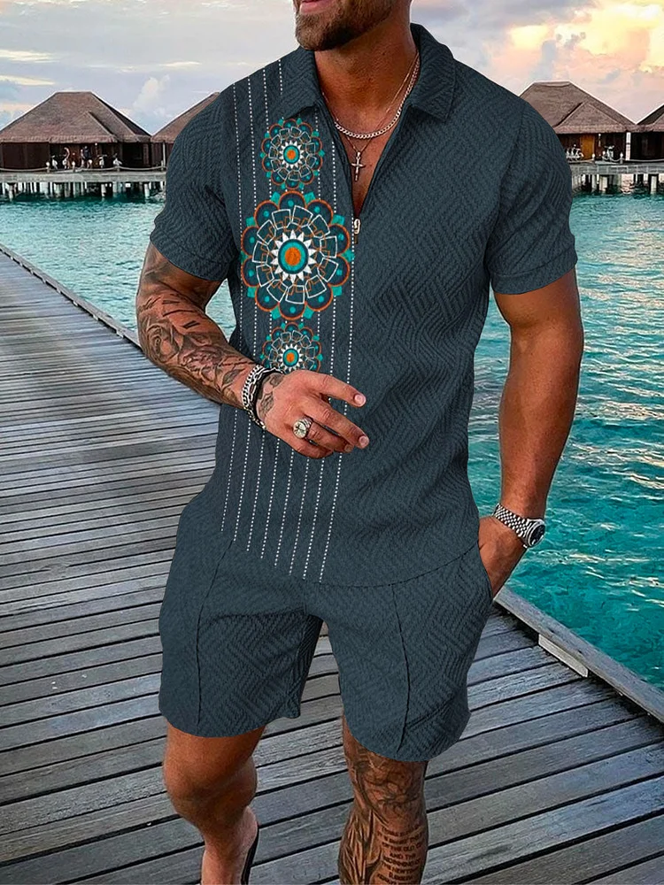 Men's Vintage Stripe Blue Printed Polo Suit