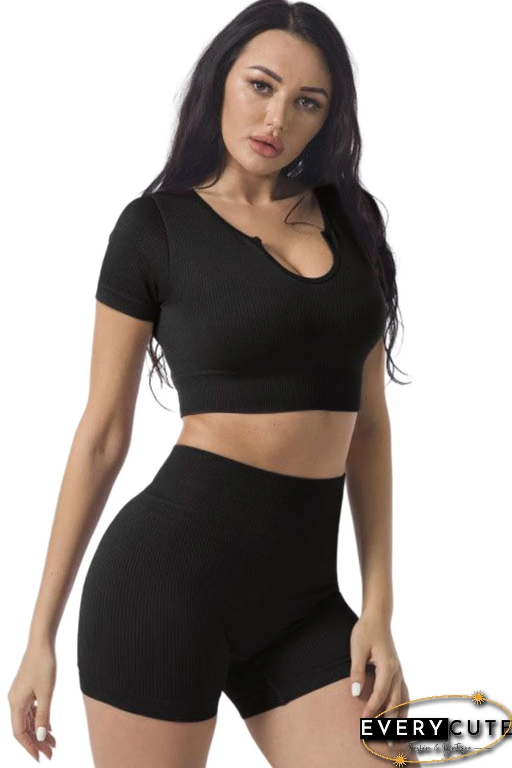 Black Ribbed Short Sleeve Cropped Active Top