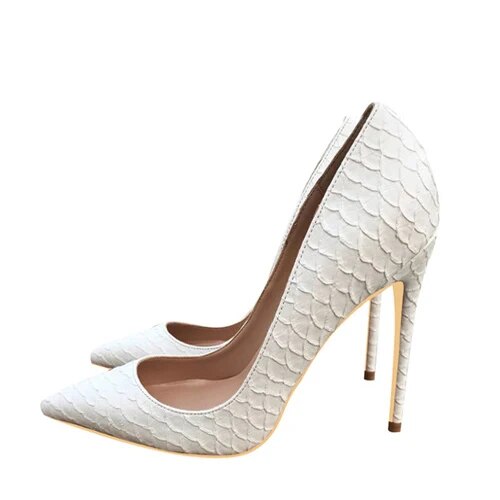 VCshoes White Pumps Famous Shoes For Women Snake's Pattern Pointed Toe High Heels 12 Cm Plus Size YG021