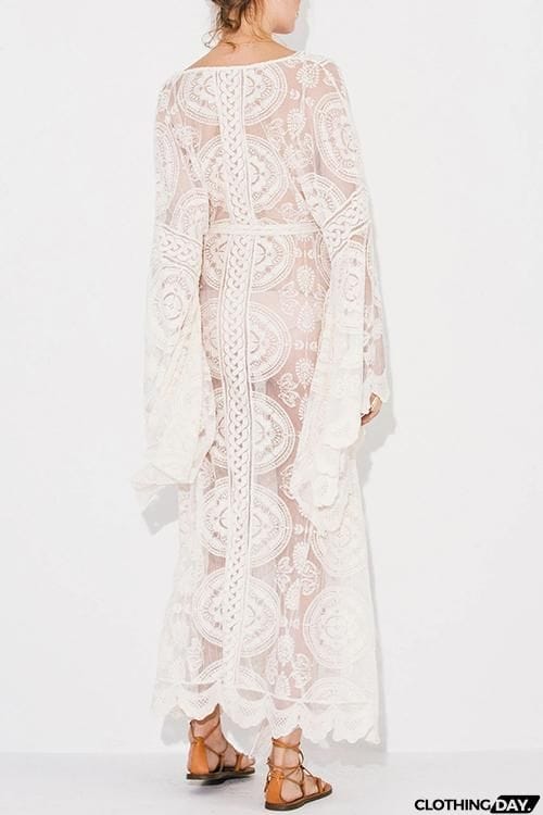 Flares Sleeve Lace Long Cover Up With Belted