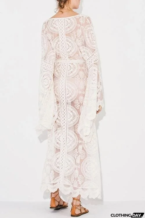 Flares Sleeve Lace Long Cover Up With Belted
