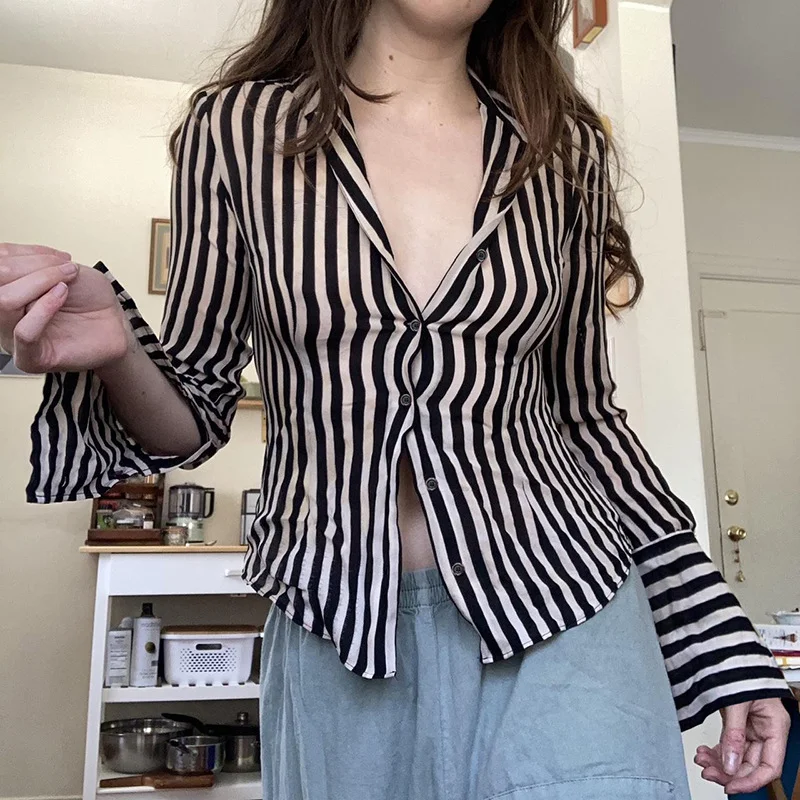 Toloer Toloer Style Simple Casual Temperament Joker Striped Lapel Shirt Female Slim Waist Long Sleeve Breasoned Top-Outfit Ideas